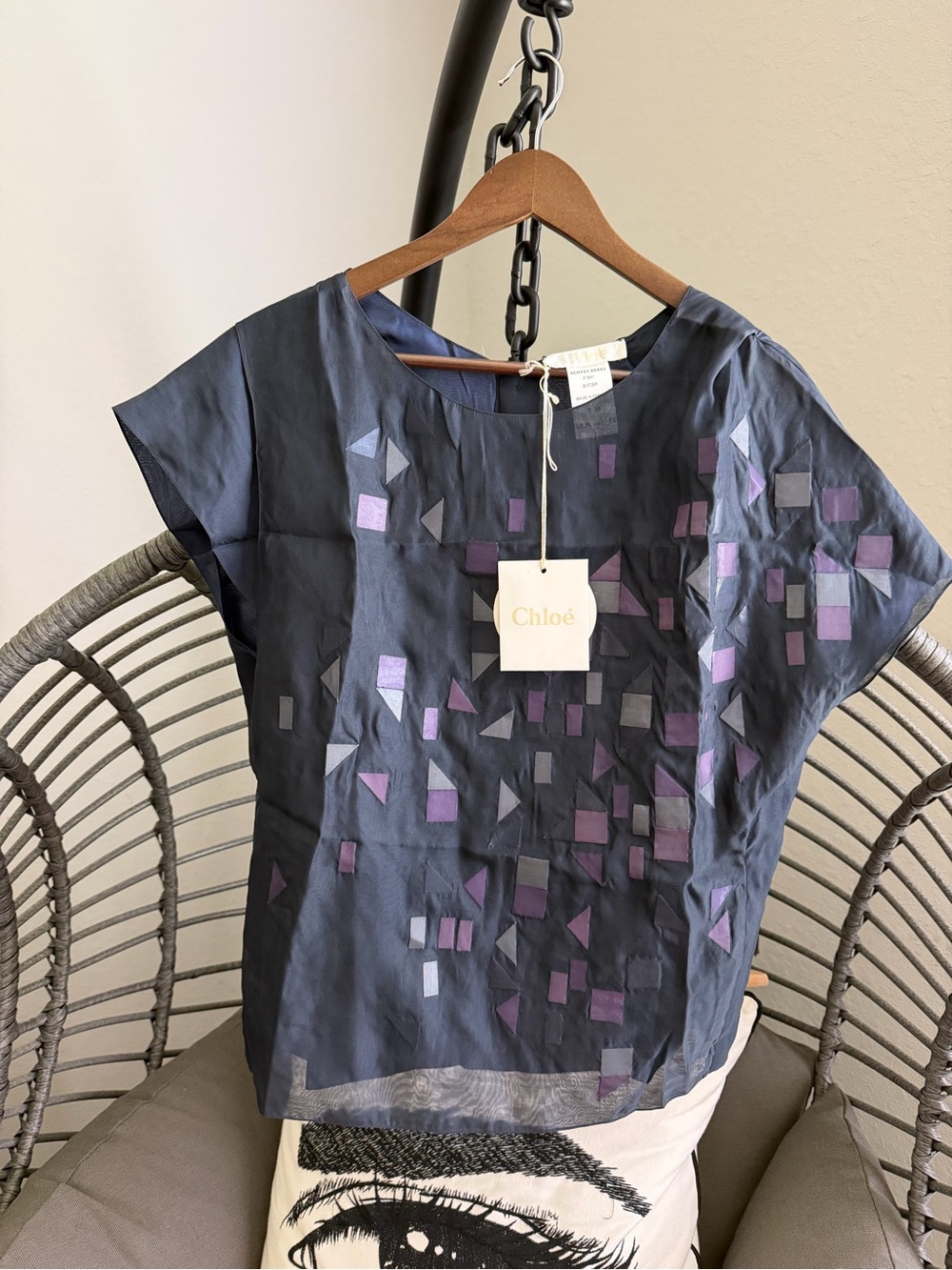 CHLOE Silk Navy & Purple Geometric Silk-Blend Short Sleeve Top 38